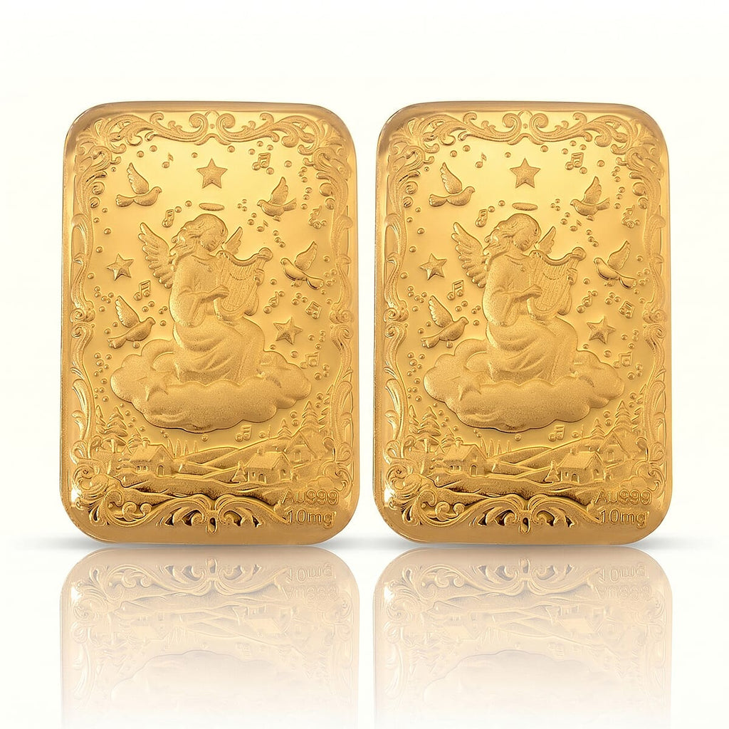 Set of 2 - 24K Yellow Gold (99.9% Purity) Angel Embossed Collectable (39.80 x 25.60 MM) (Each 10mg)
