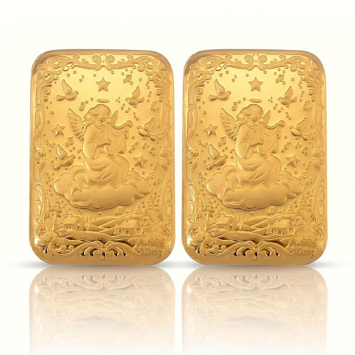 Set of 2 - 24K Yellow Gold (99.9% Purity) Angel Embossed Collectable (39.80 x 25.60 MM) (Each 10mg) 221315627 1