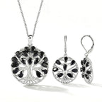 EverTrue Set of Black Spinel Tree Of Life Earrings and Pendant with Chain (Size 20)