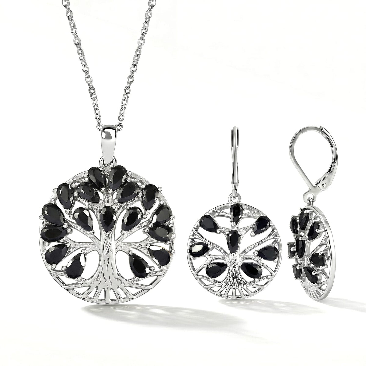EverTrue Set of Black Spinel Tree Of Life Earrings and Pendant with Chain (Size 20) 221315853 0