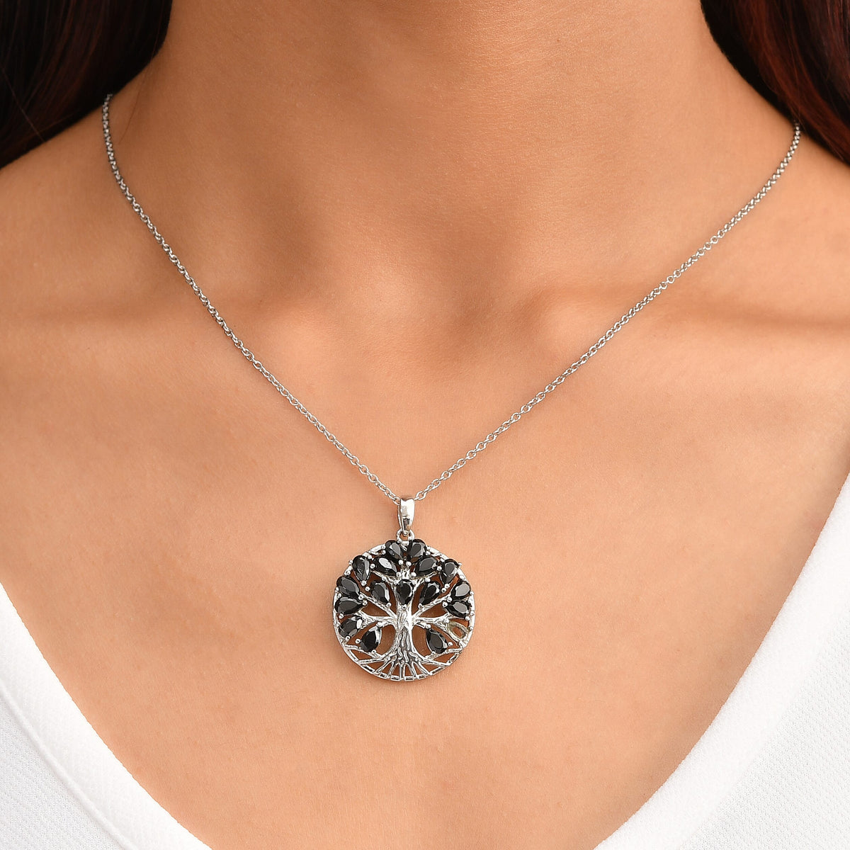 EverTrue Set of Black Spinel Tree Of Life Earrings and Pendant with Chain (Size 20) 221315853 1