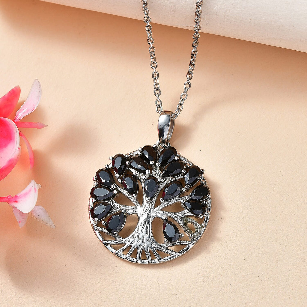 EverTrue Set of Black Spinel Tree Of Life Earrings and Pendant with Chain (Size 20)