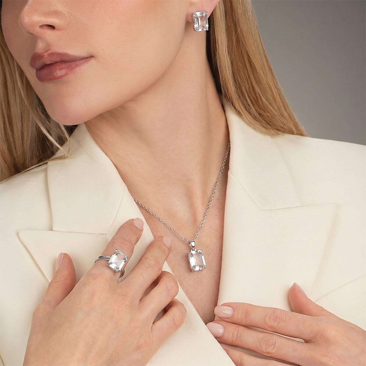 Austrian Crystal Set - Solitaire Adjustable Ring, Earrings, and Pendant with Chain 221317270 1