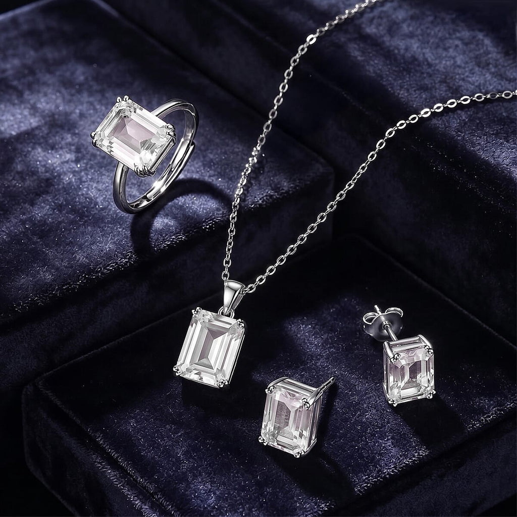 Austrian Crystal Set - Solitaire Adjustable Ring, Earrings, and Pendant with Chain