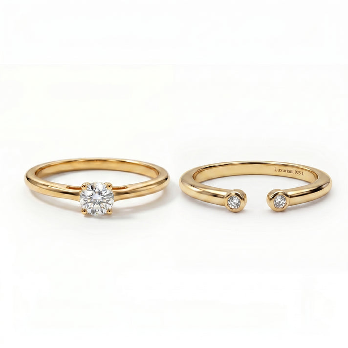 Stack Up LUXURIANT Lab Grown Diamond Solitaire Ring &amp; Open Thumb Ring Set in 18K Vermeil Yellow Gold Plated Sterling Silver (SI-GH) 221322684 1