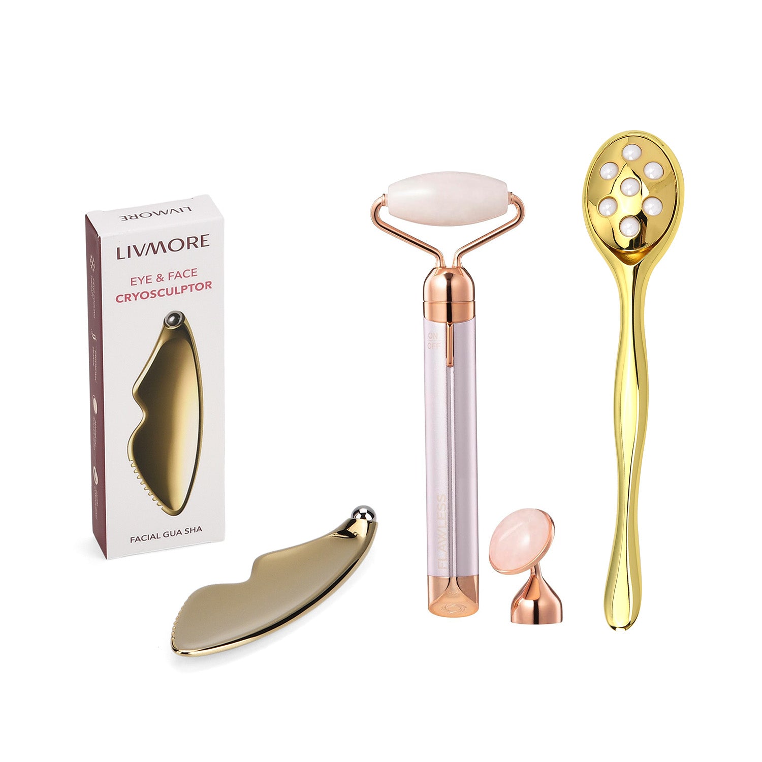 3-Piece Facial Contouring &amp; Massage Tool Set - Cryo Rolling Tool, 6-Sided Golden Metal Gua Sha Sculptor &amp; Vibrating Facial Roller 221330114 0