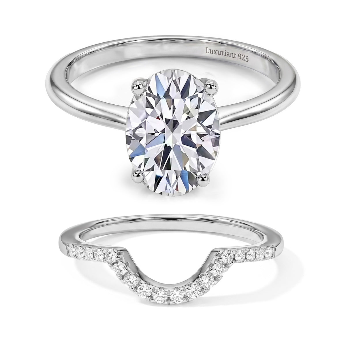 LUXURIANT Lab Grown Diamond Oval Solitaire &amp; Diamond Ring Set in Rhodium Overlay Sterling Silver 221334898 0