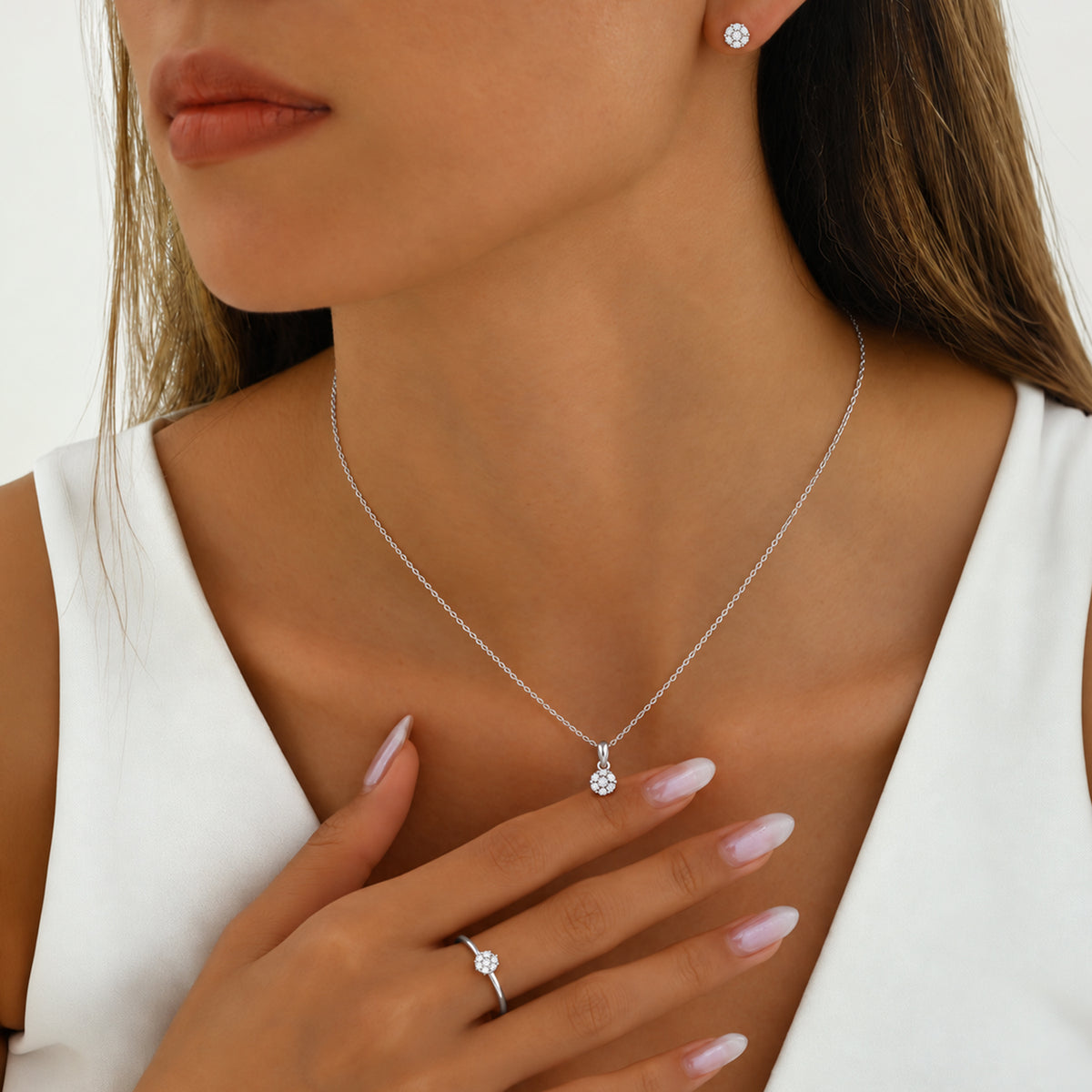 D'Joy Lab Grown Diamond Cluster Pendant, Ring and Push Post Earrings in Platinum Overlay Sterling Silver 221337396 1