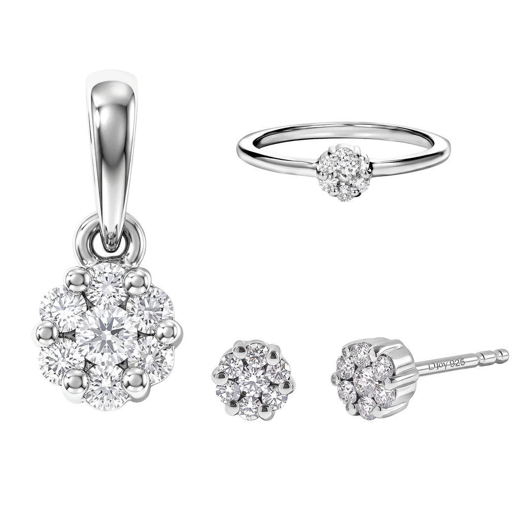D'Joy Lab Grown Diamond Cluster Pendant, Ring and Push Post Earrings in Platinum Overlay Sterling Silv_221337399