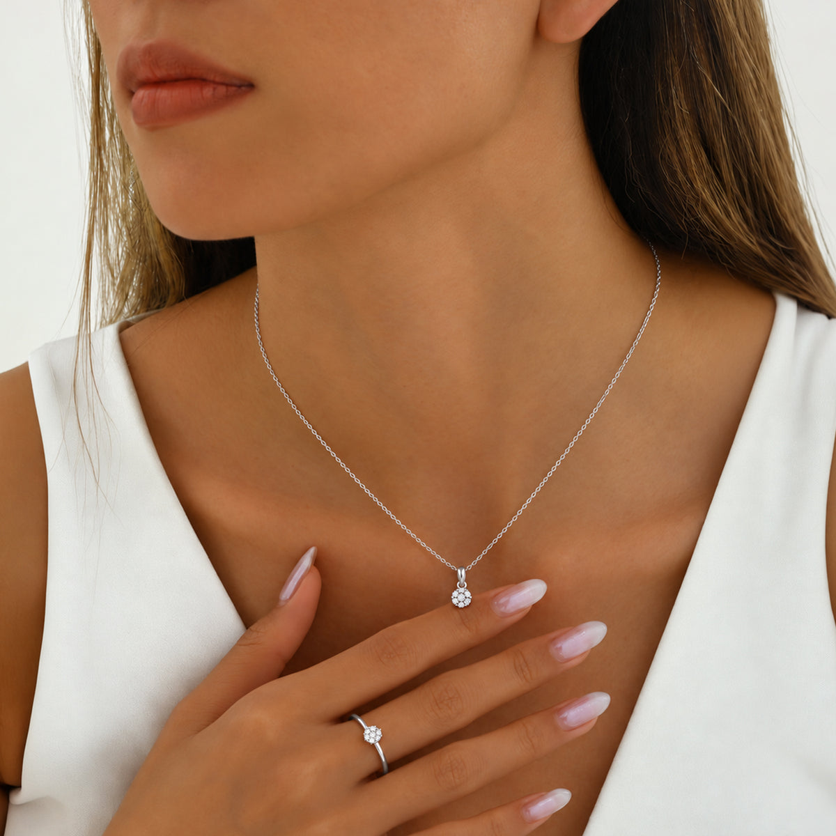 D'Joy Lab Grown Diamond Cluster Pendant, Ring in Platinum Overlay Sterling Silver O 221337510 2