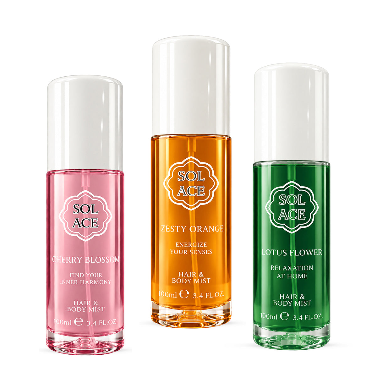 SOLACE Set of 3 Hair &amp; Body Mists - Cherry Blossom Inner Harmony, Zesty Orange Energise &amp; Lotus Flower Relaxation - 100ml Each (300ml Total) 221339462 0