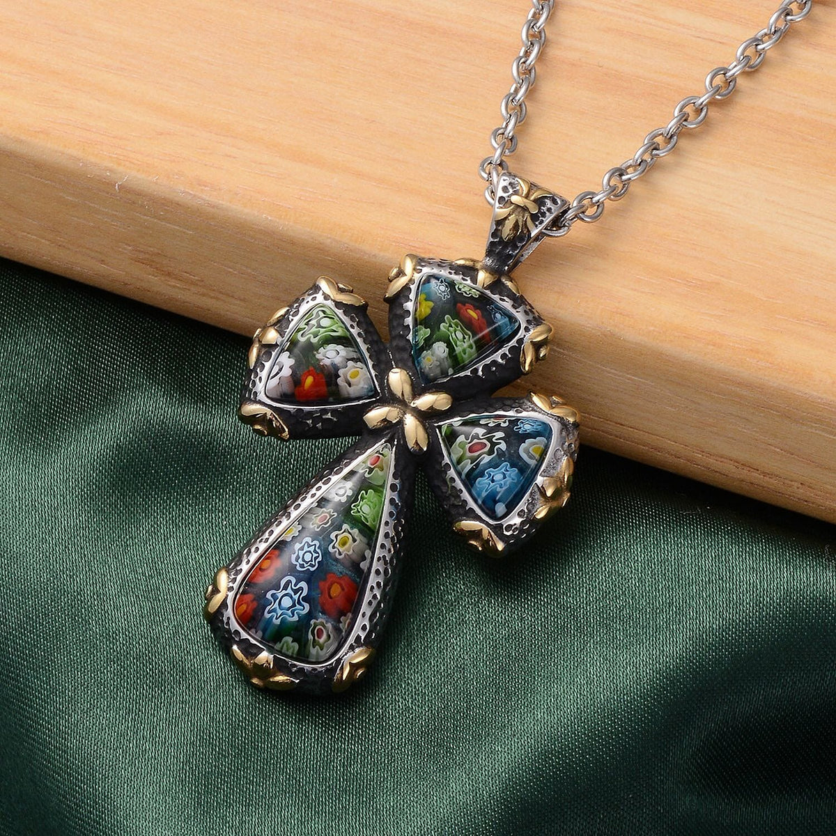 Murano Style Glass Cross Pendant With Chain  0.010  Ct. 2366662 2