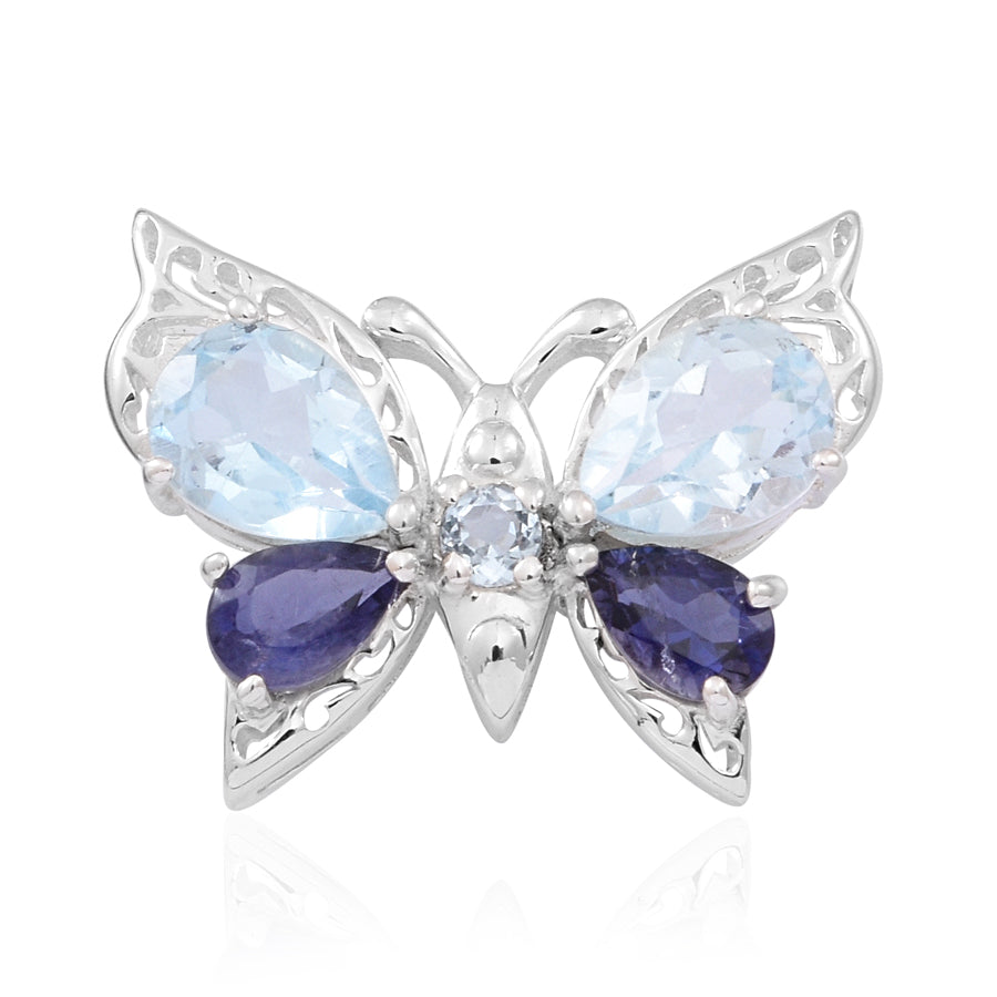 Sky Blue Topaz (Pear), Iolite Butterfly Pendant in Rhodium Sterling Silver 3.53 Ct._2382237