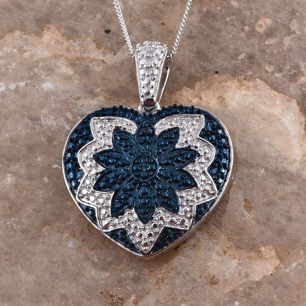 Blue Diamond (Rnd) Heart Pendant With Chain in Platinum Overlay and Stainless Steel_2417813_1