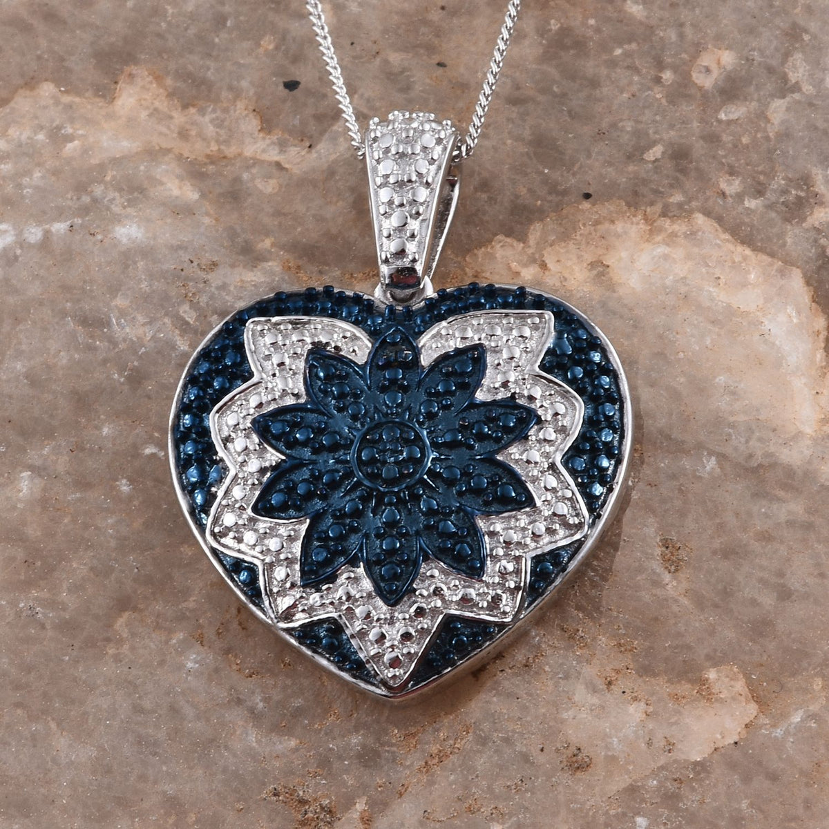 Blue Diamond (Rnd) Heart Pendant With Chain in Platinum Overlay and Stainless Steel 2417813 1