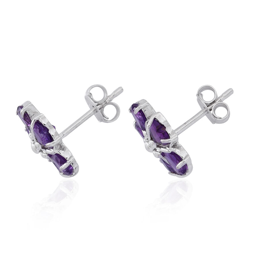 Amethyst (Hrt) Floral Stud Earrings with Push Back in Rhodium Overlay Sterling Silver 2.00 Ct. 2450824 1