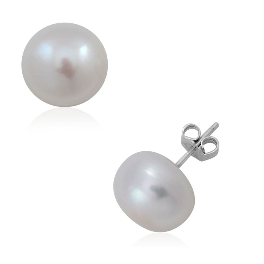 10.0 Ct. Freshwater White Pearl (13-14mm) Ball Stud Earrings in Rhodium Plated Sterling Silver (with Push Back) 2452878 0