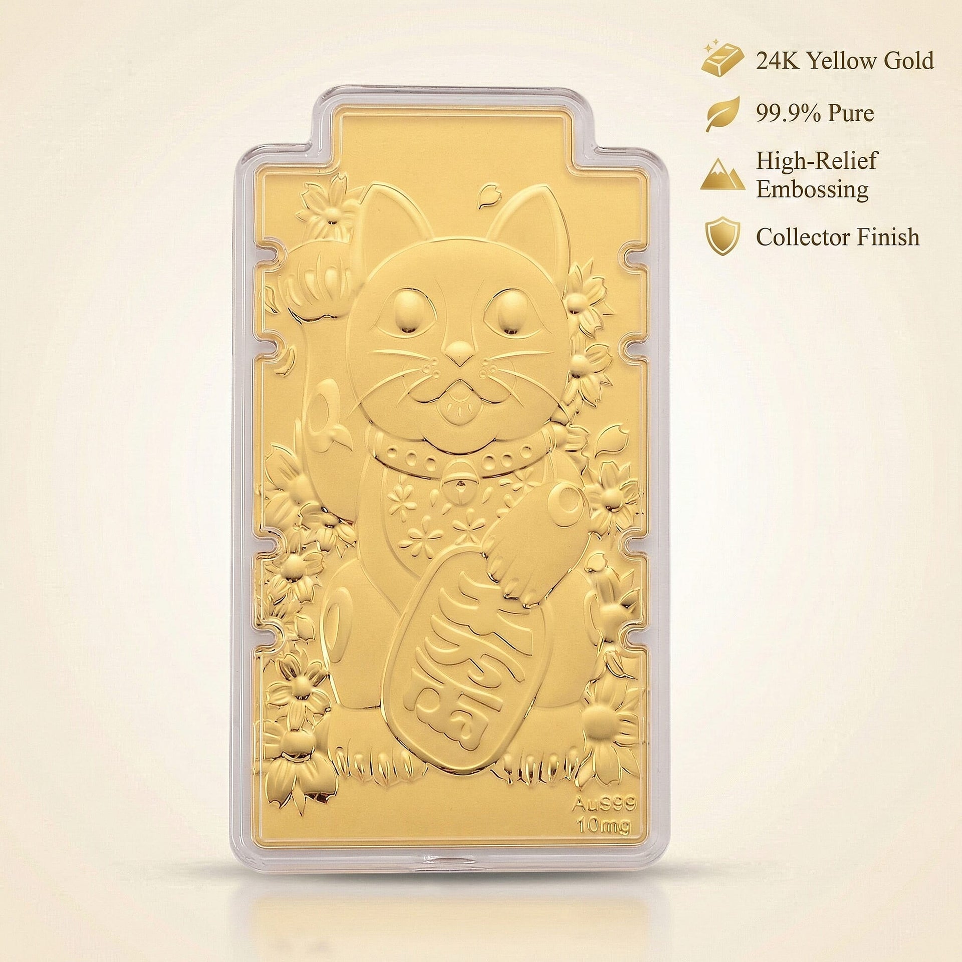 24K Yellow Gold (99.9% Purity) Large Maneki Neko Cat Embossed Collectable - Symbolise Wealth, Good Fortune &amp; Prosperity 8356063 2