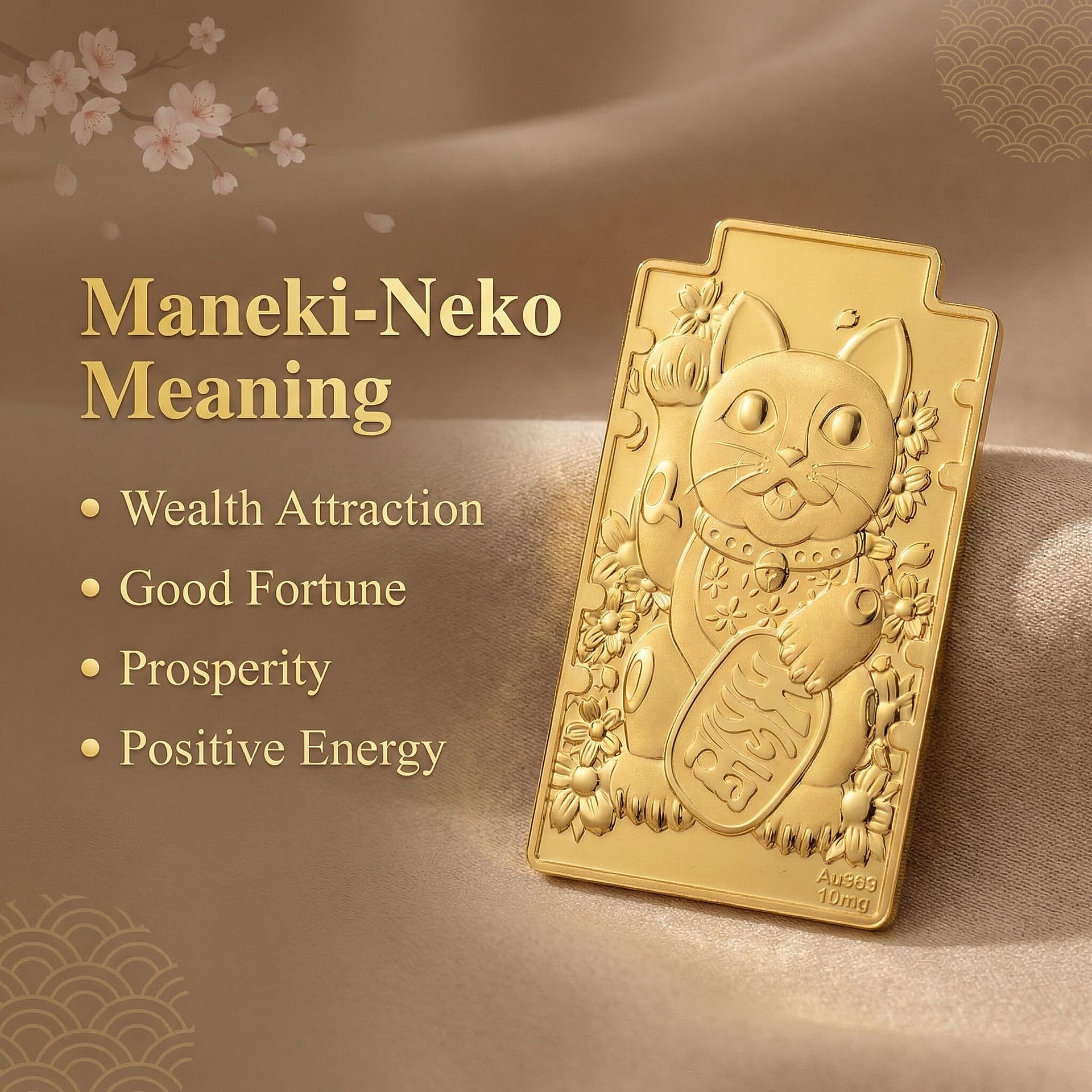 24K Yellow Gold (99.9% Purity) Large Maneki Neko Cat Embossed Collectable - Symbolise Wealth, Good Fortune &amp; Prosperity 8356063 4