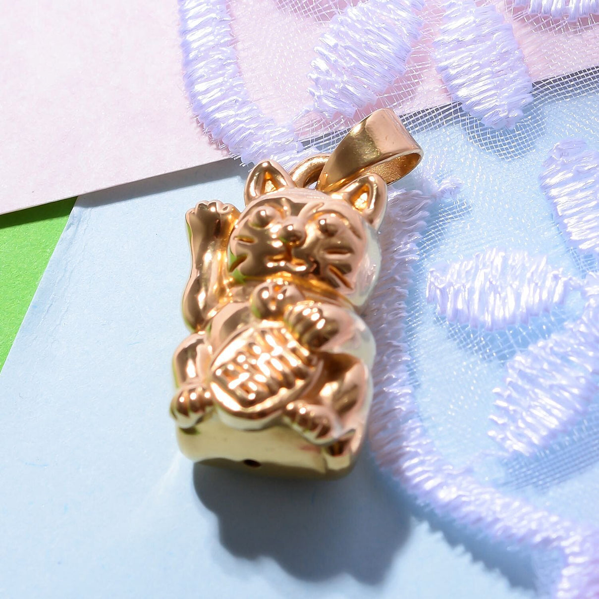 One Time Closeout - 24K Yellow Gold Beckoning Cat Pendant 7756642 2