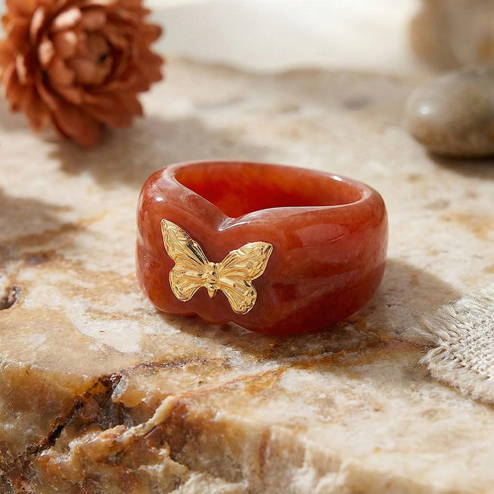 24K Yellow Gold Enhanced Red Jade Butterfly Ring 30.00 Ct. 8258285 2