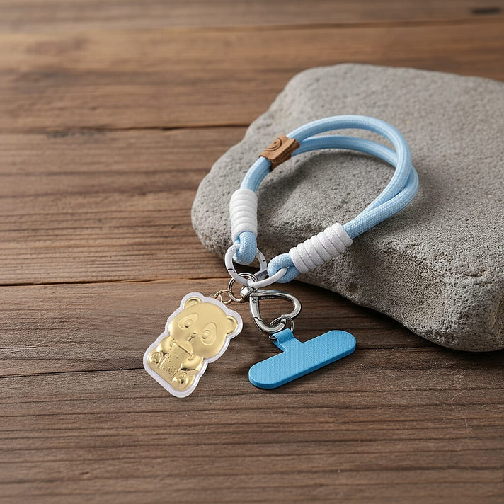 24K Yellow Gold Panda Key Chain with Blue and White Rope 8285298 2