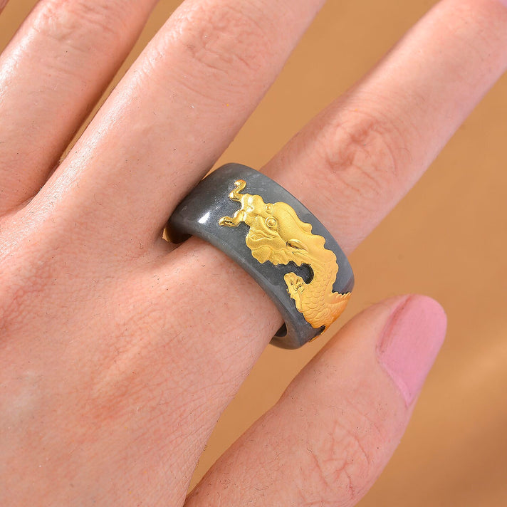 24K Yellow Gold Natural Type A Jadeite Dragon Band Ring 8240377 2