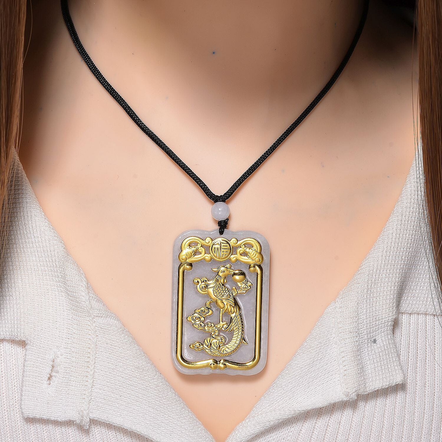 24K Yellow Gold Phoenix Standard A White Jade Cotton Thread Necklace (Size 30 Adjustable) 8171021 0