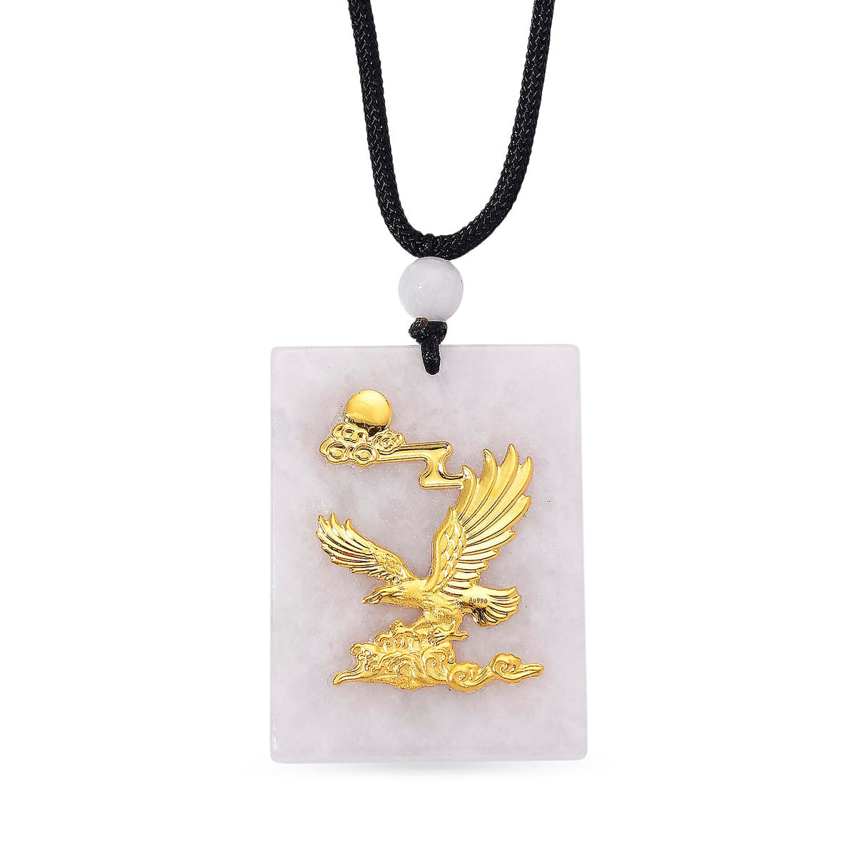 Natural Type A Burmese White Jadeite Jade with 24K Yellow Eagle Gold Pendant with Cotton Thread (Size - 28 Adjustable) 105 Ct. V32535116 0