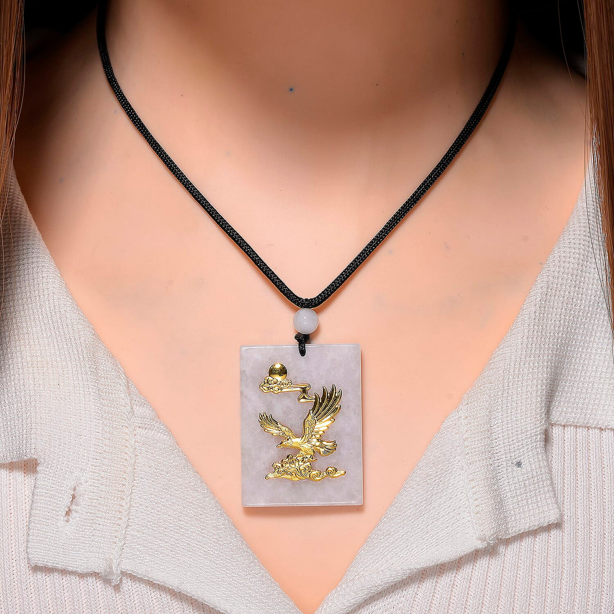 Natural Type A Burmese White Jadeite Jade with 24K Yellow Eagle Gold Pendant with Cotton Thread (Size - 28 Adjustable) 105 Ct. V32535116 2