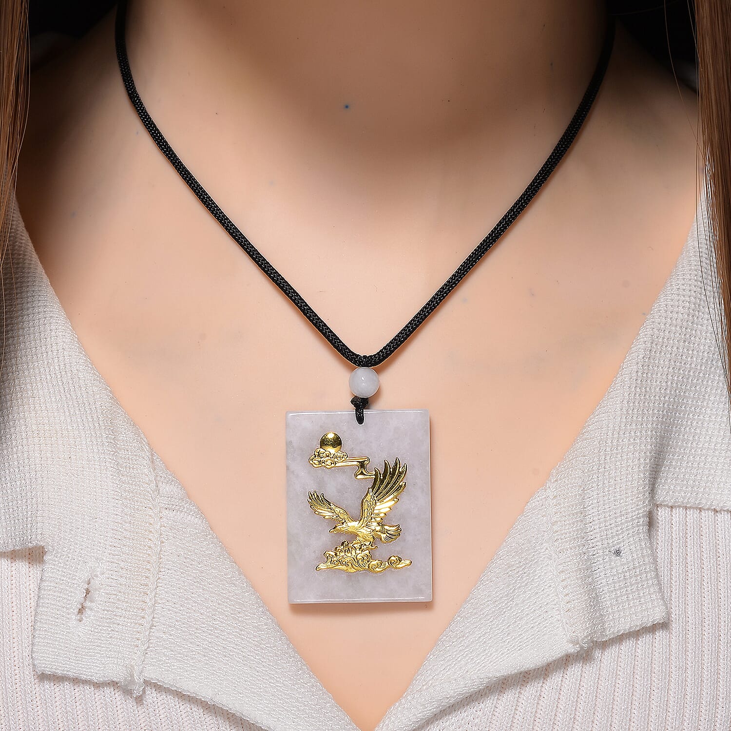 Natural Type A Burmese White Jadeite Jade with 24K Yellow Eagle Gold Pendant with Cotton Thread (Size - 28 Adjustable) 105 Ct. V32535116 2