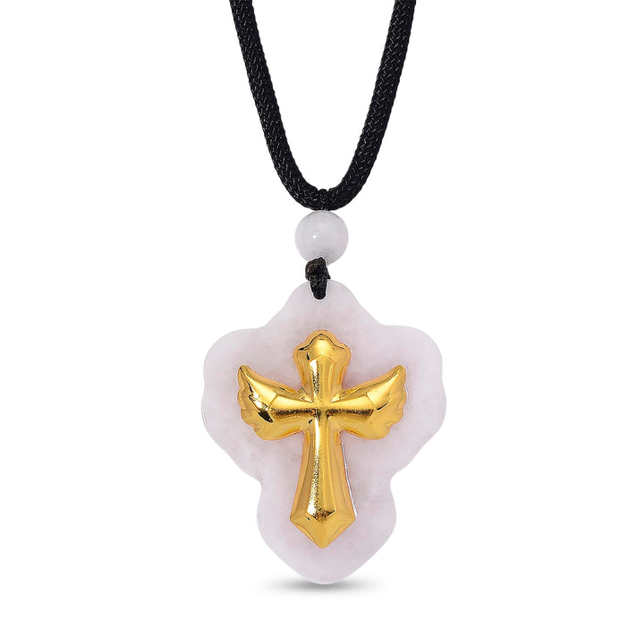 Natural Type A Burmese White Jadeite Jade with 24K Yellow Gold Cross Pendant with Cotton Thread (Size - 28 Adjustable) 70.00 Ct. 8185495 1
