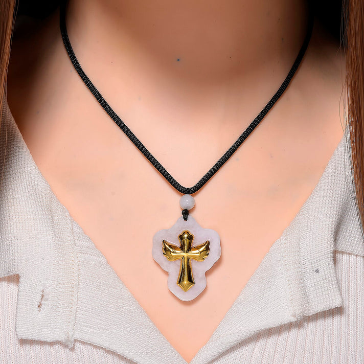 Natural Type A Burmese White Jadeite Jade with 24K Yellow Gold Cross Pendant with Cotton Thread (Size - 28 Adjustable) 70.00 Ct. 8185495 2