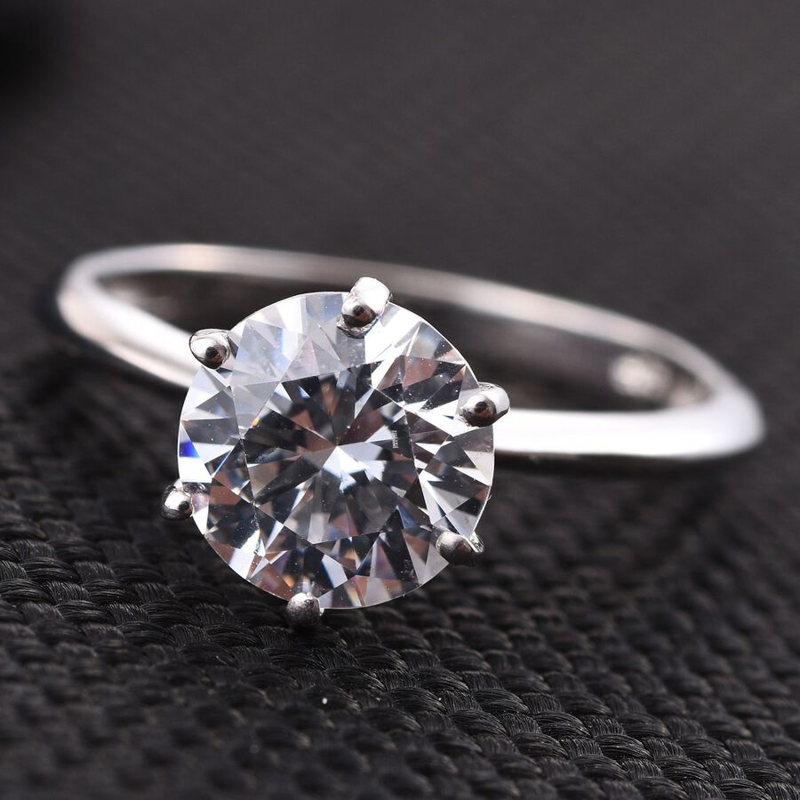 Lustro Stella Platinum Overlay Sterling Silver (Rnd) Solitaire Ring Made with Finest CZ 3.30 Ct 2502888 0