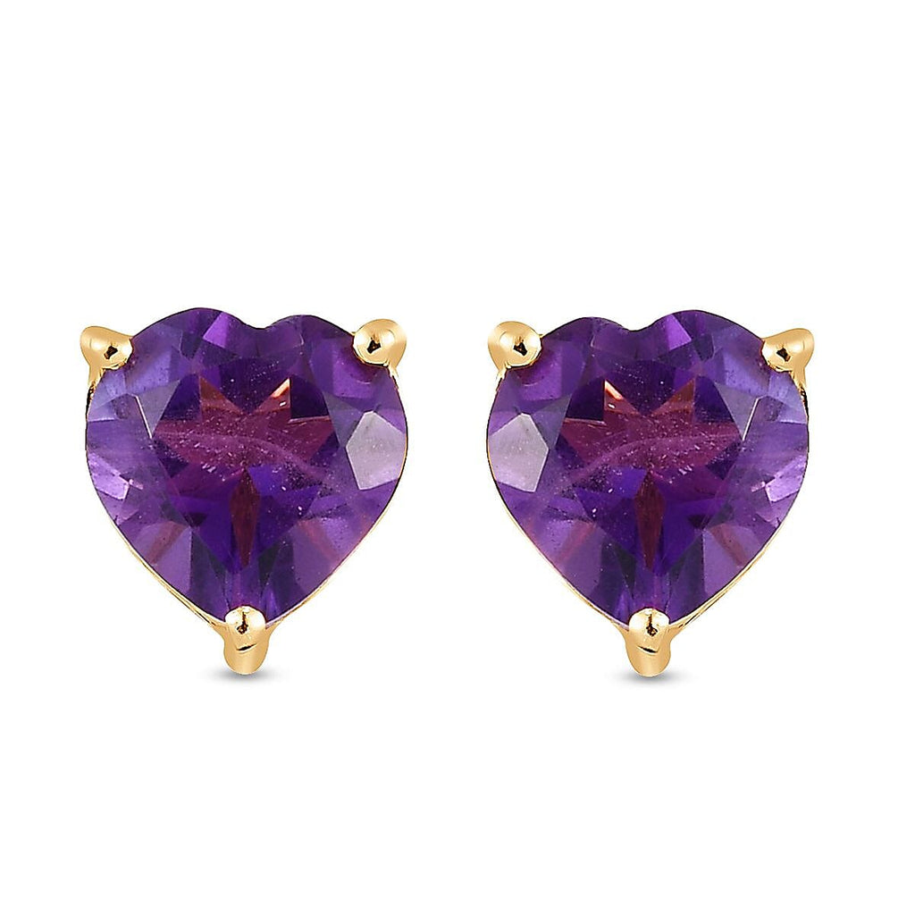Amethyst Heart Stud Earrings in 18K Yellow Gold Vermeil Plated Sterling Silver 1.99 Ct.