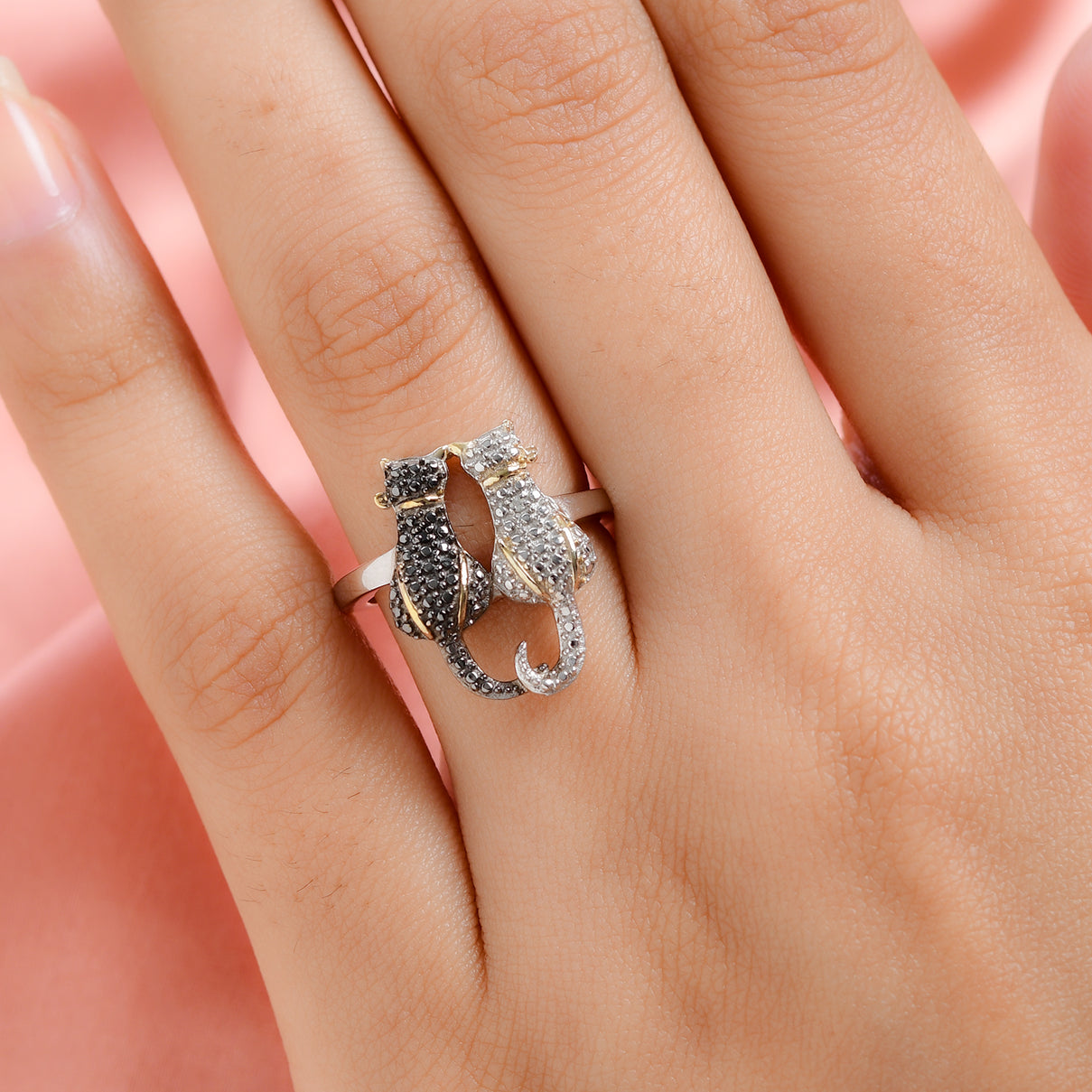 Black and White Diamond Twin Cat Ring in Sterling Silver V32514740 3