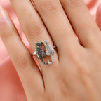 White and Black Diamond Twin Cat Ring in Platinum and Yellow Gold Overlay with Black Plating Sterling Silver 0.010 Ct_2836254_2