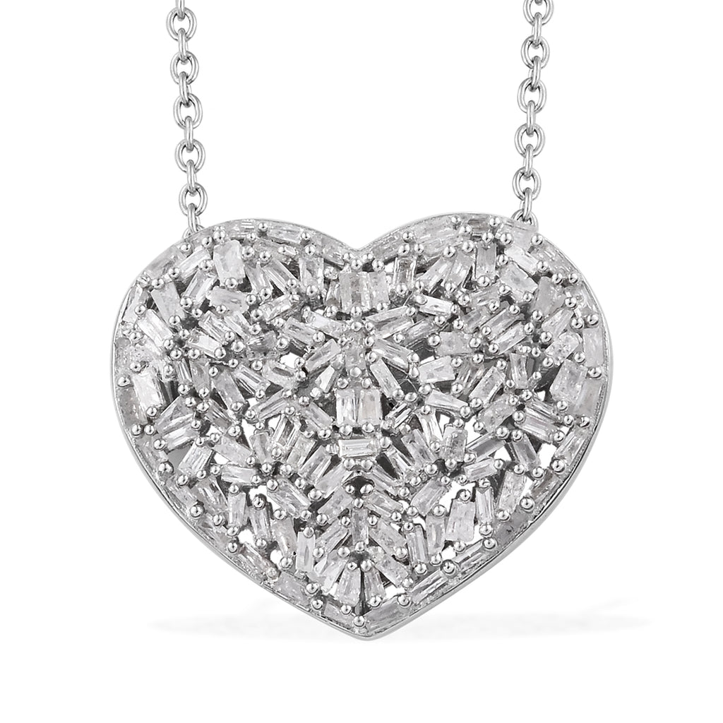 GP - Natural White Diamond & Blue Sapphire Heart Pendant with Chain (Size 20) in Rhodium Overlay Sterling Silver 1.00 Ct._2887785
