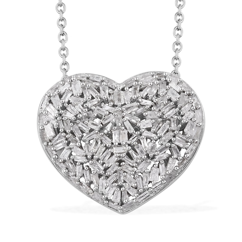 GP - Natural White Diamond & Blue Sapphire Heart Pendant with Chain (Size 20) in Rhodium Overlay Sterling Silver 1.00 Ct._2887785