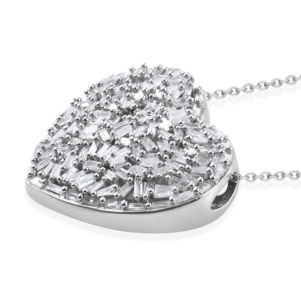 GP - Natural White Diamond & Blue Sapphire Heart Pendant with Chain (Size 20) in Rhodium Overlay Sterling Silver 1.00 Ct._2887785_3
