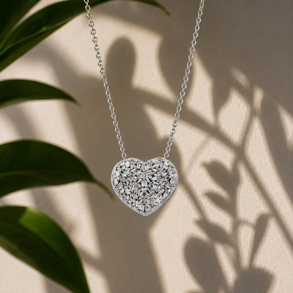 GP - Natural White Diamond & Blue Sapphire Heart Pendant with Chain (Size 20) in Rhodium Overlay Sterling Silver 1.00 Ct._2887785_5