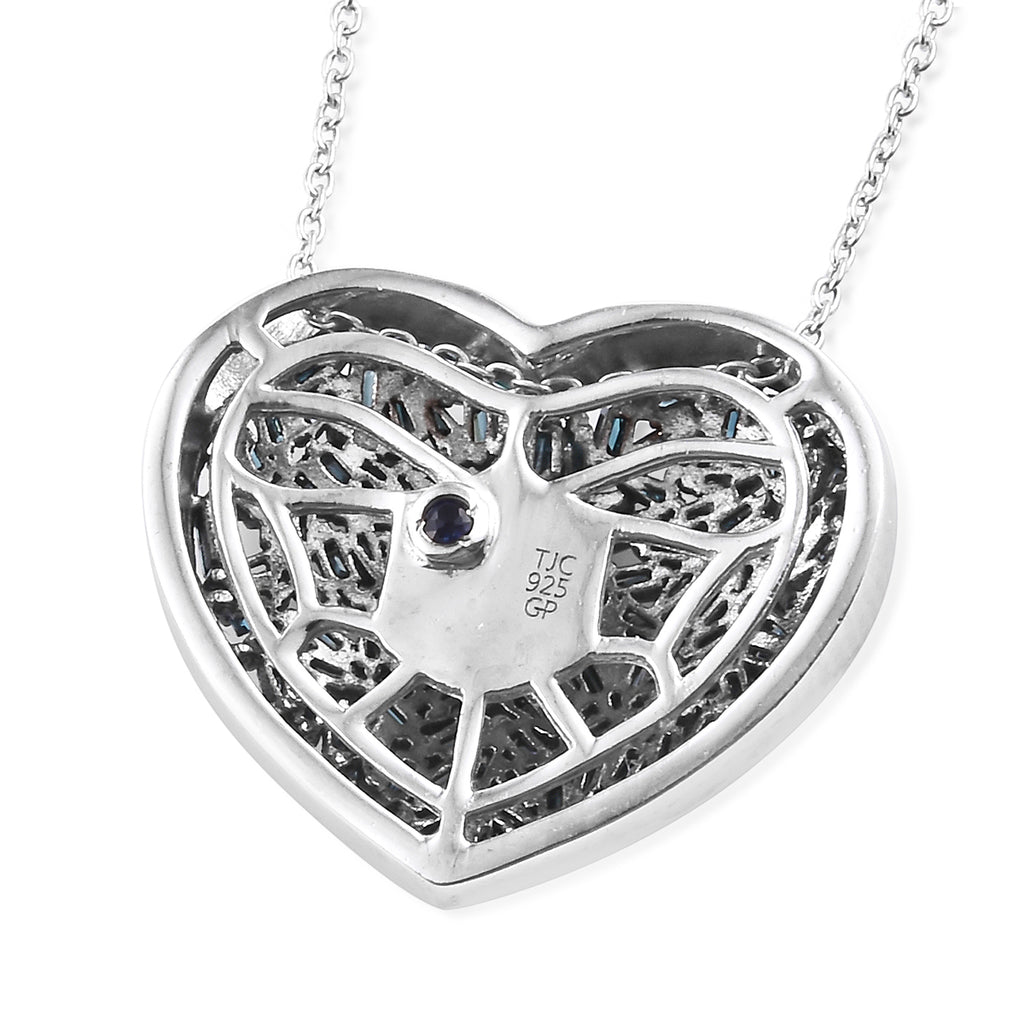 GP - Blue Diamond & Blue Sapphire Heart Pendant with Chain (Size 20) in Sterling Silver 1.00 Ct._2887807_4