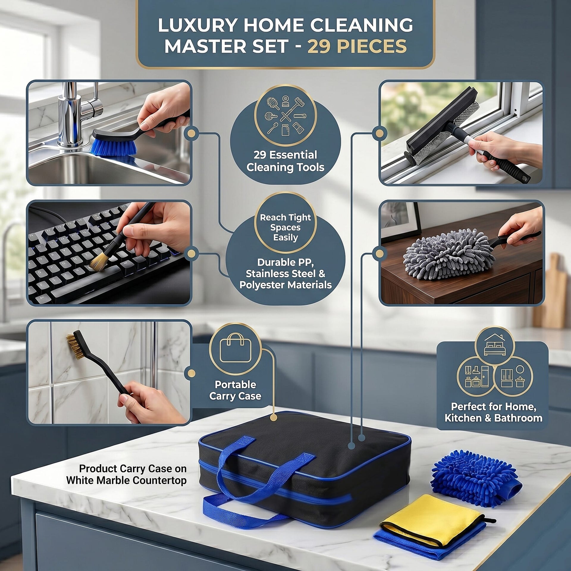 29 Piece Car Detailing &amp; Cleaning Kit - For Wheels, Interior, Exterior, Leather, Dashboard, Vents Cleaning - Black 8418230 1