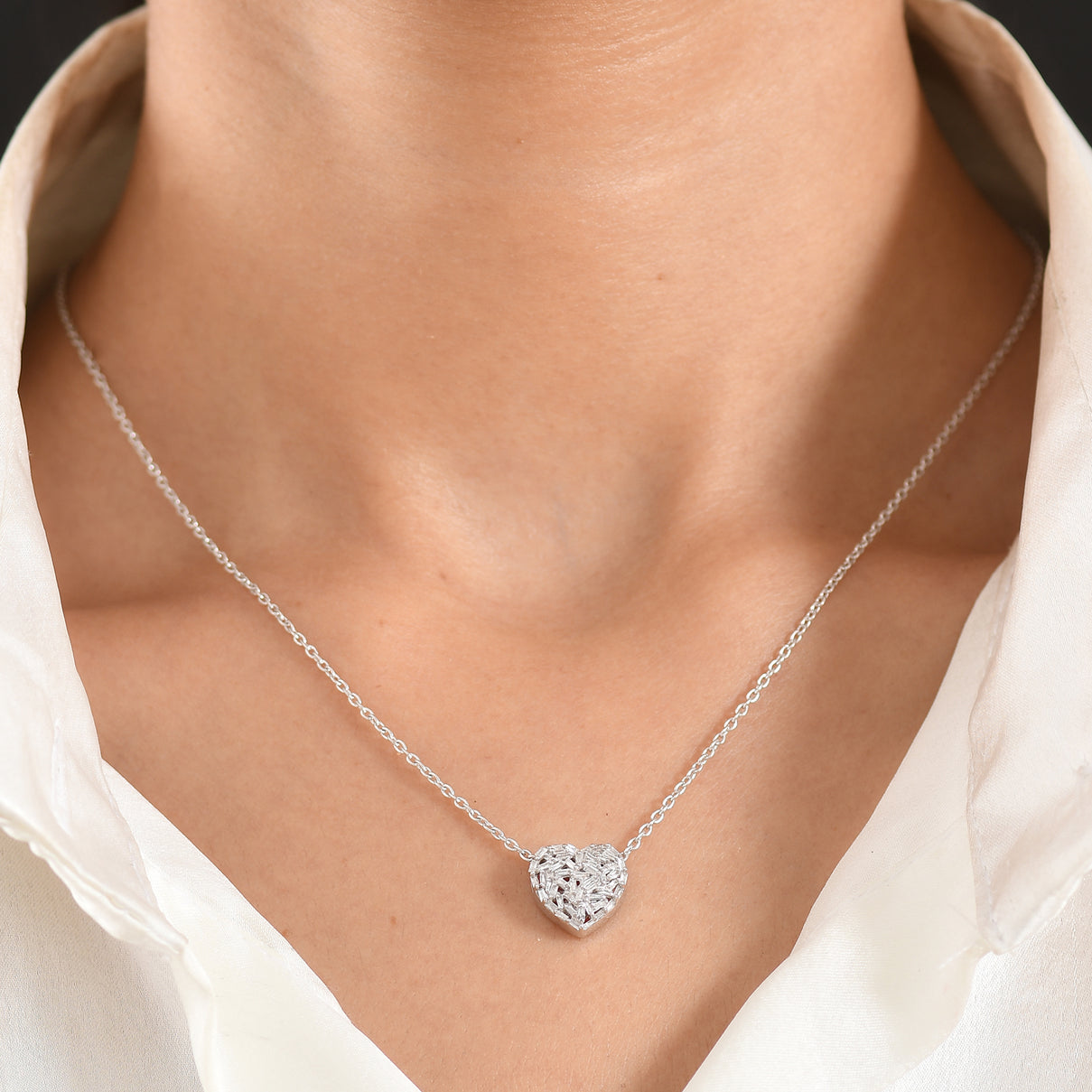 GP - Natural Diamond &amp; Blue Sapphire Heart Pendant with Chain (Size - 20) in Rhodium Overlay Sterling Silver 0.40 Ct. 2912198 2