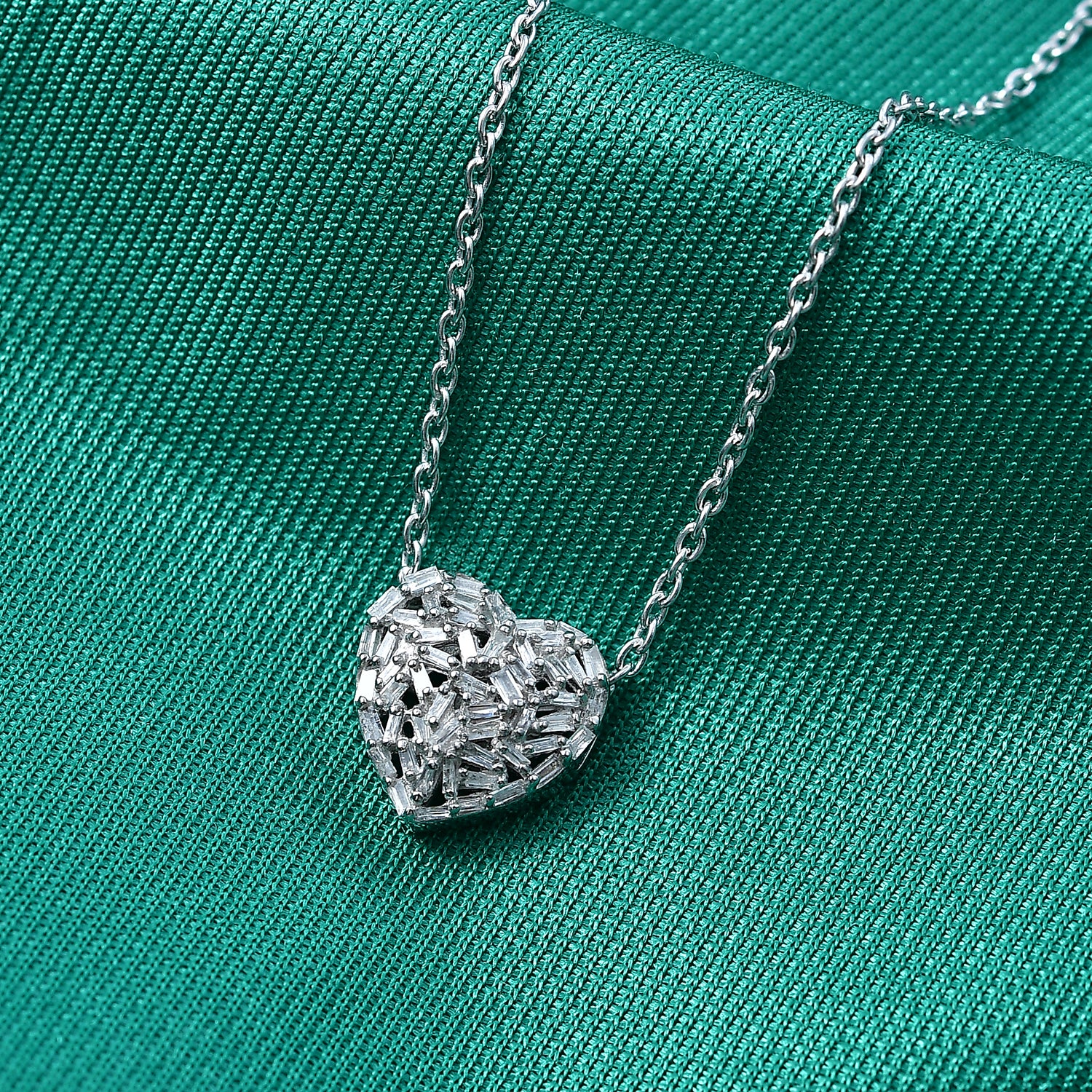 GP - Natural Diamond &amp; Blue Sapphire Heart Pendant with Chain (Size - 20) in Rhodium Overlay Sterling Silver 0.40 Ct. 2912198 3