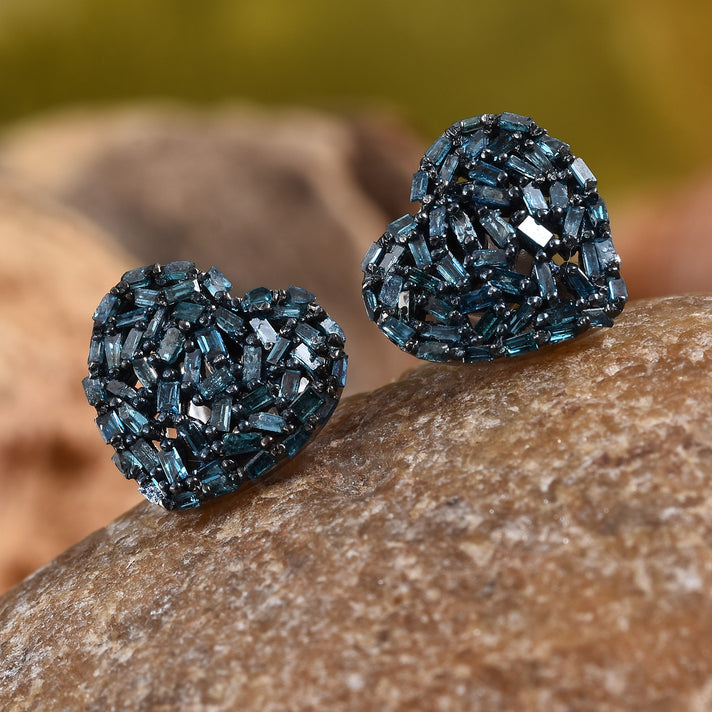 Live From Vicenza GP - Blue Diamond &amp; Blue Sapphire Heart Stud Earrings with Push Back in Rhodium Overlay Sterling Silver 0.60 Ct. 2919405 2