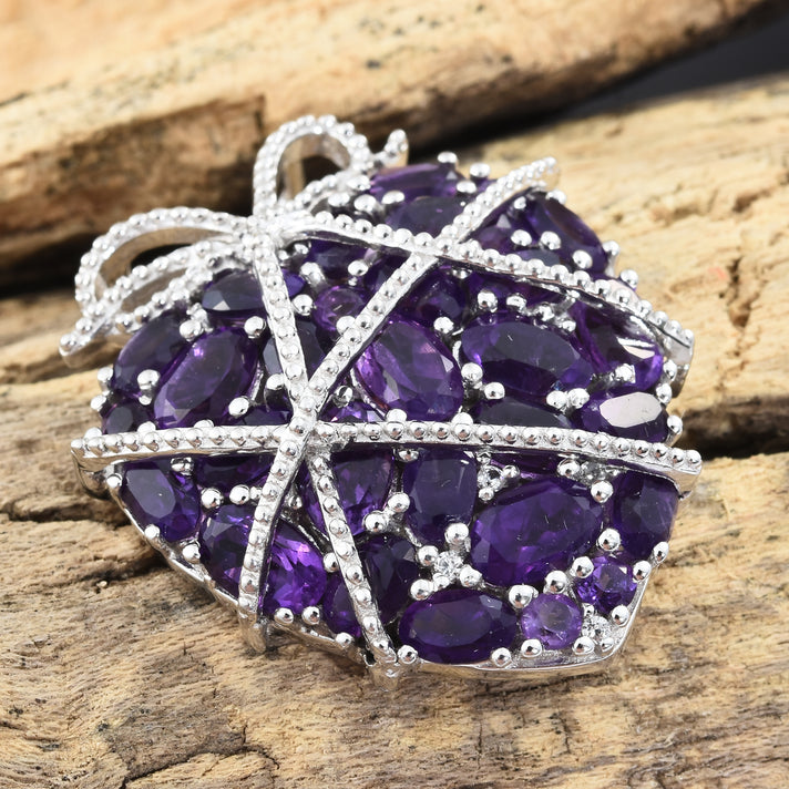 GP - Amethyst, Natural Cambodian Zircon &amp; Blue Sapphire Heart Pendant in Rhodium Overlay Sterling Silver 7.30 Ct 2986840 2