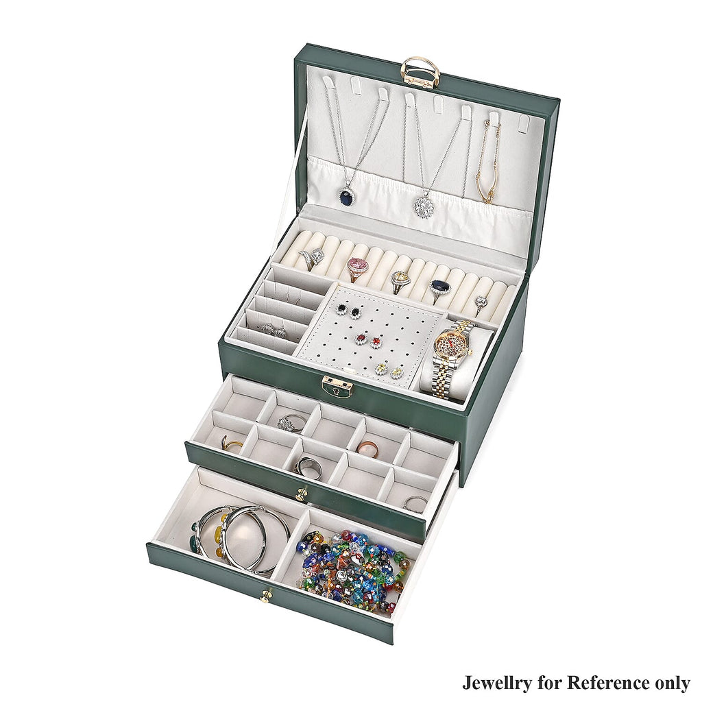 3 Layer Quilted Jewellery Box With Lock & Key -  Olive Green