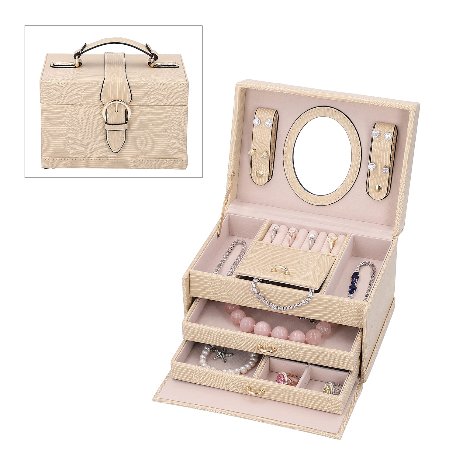 3 Layer Lizard Skin Pattern Jewellery Box with Inside Mirror and Button Lock - Black 6071891 0