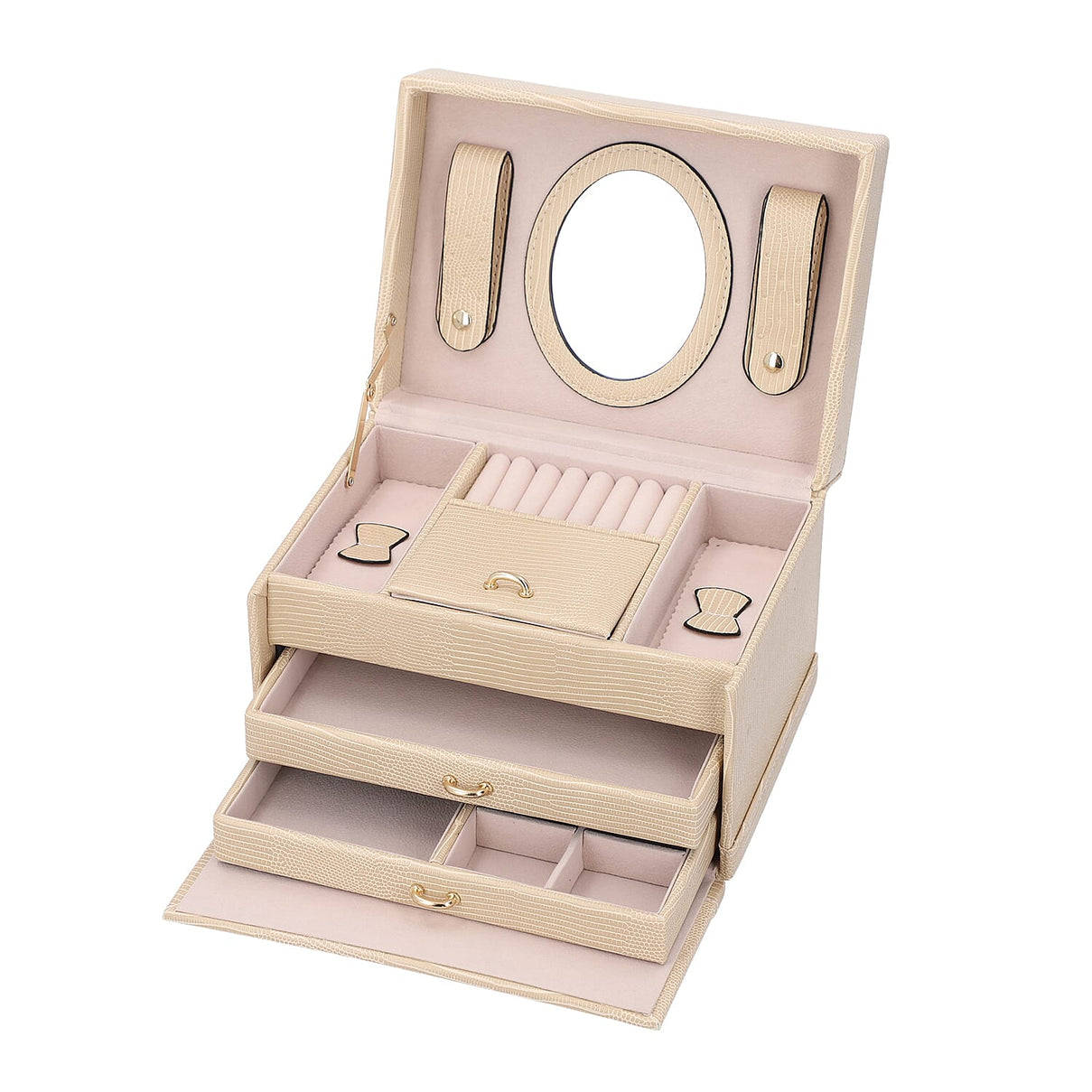 3 Layer Lizard Skin Pattern Jewellery Box with Inside Mirror and Button Lock - Black 6071891 4